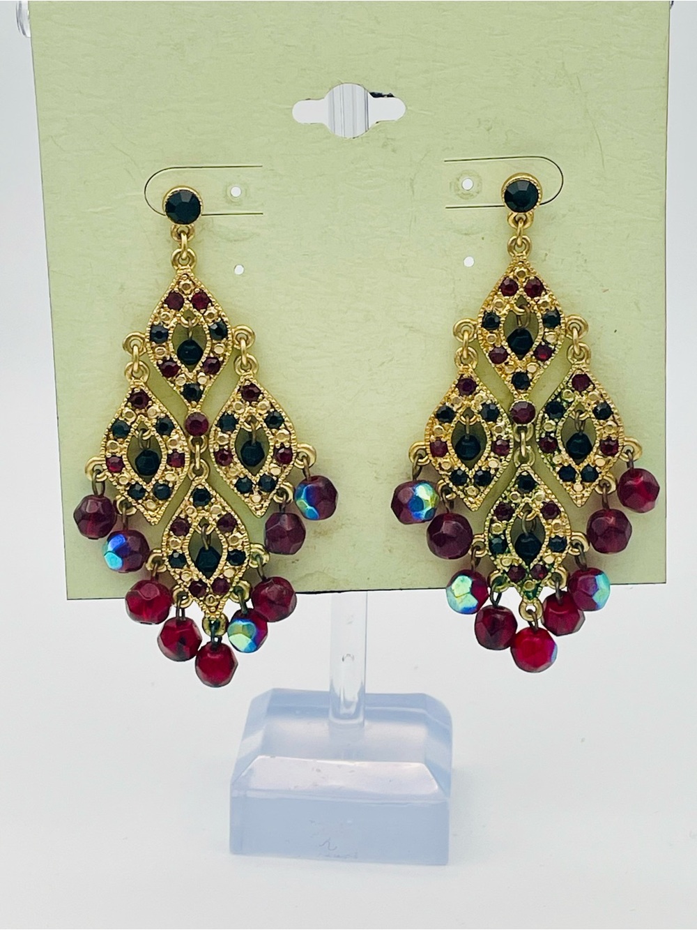 Gold-tone Multi Tiered Chandelier Earrings with Red & Iridescent Dangling Beads